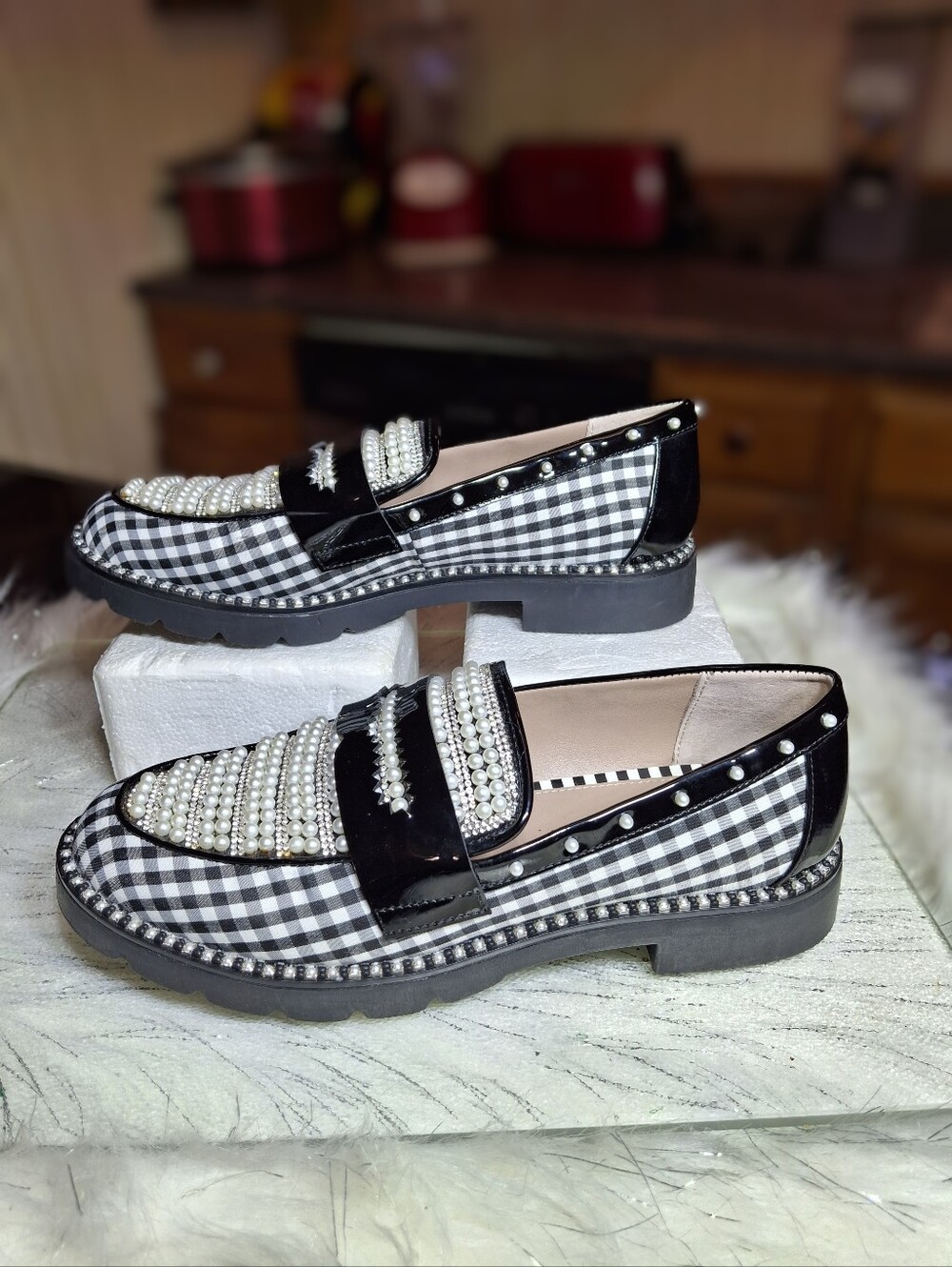 Betsey Johnson Darian Gingham Embellished Loafers Black & White Women Size 7 - Picture 7 of 16